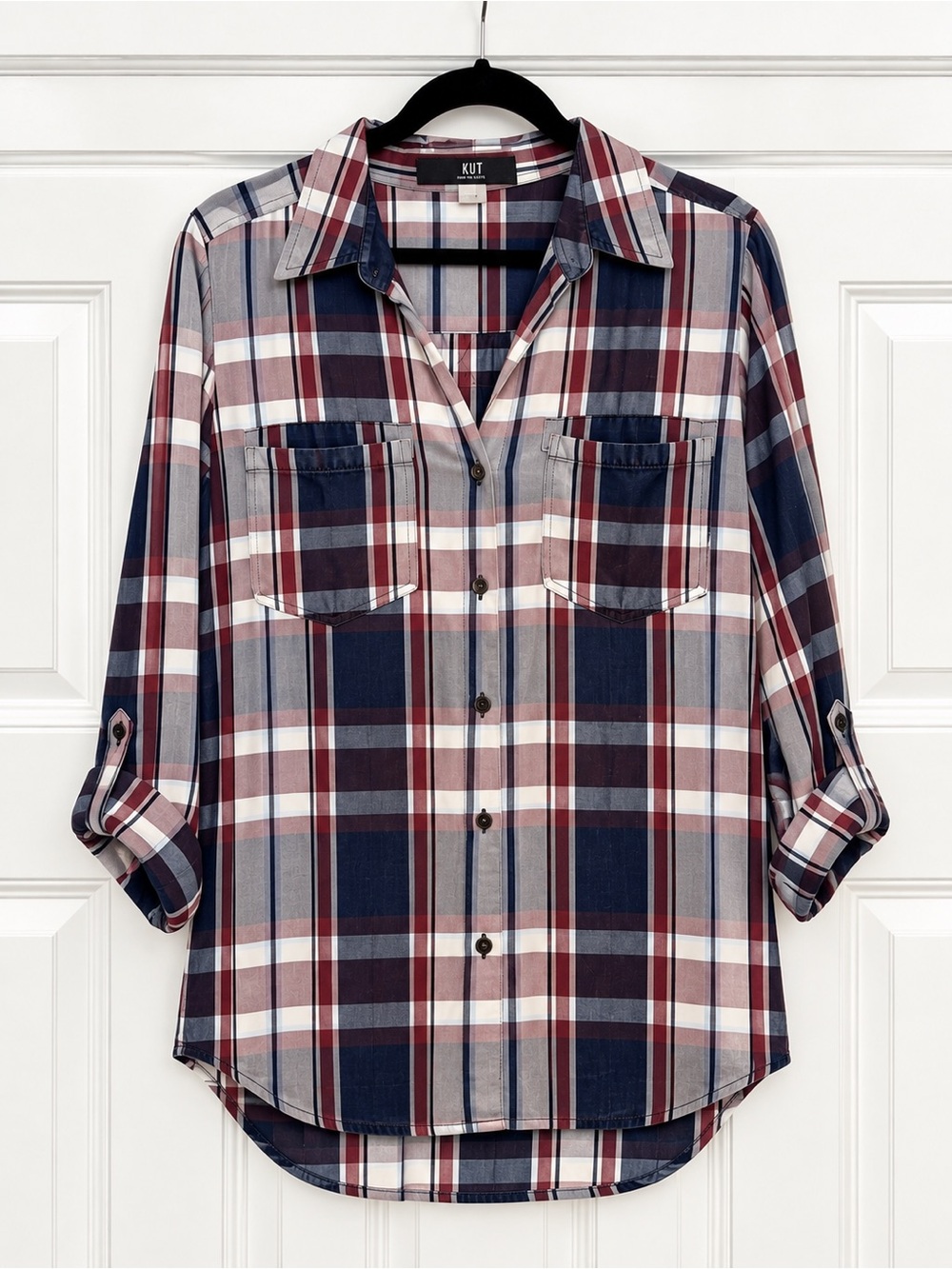 Kut from the Kloth Men's Plaid Button-Down Shirt in Navy, Burgundy, and White
